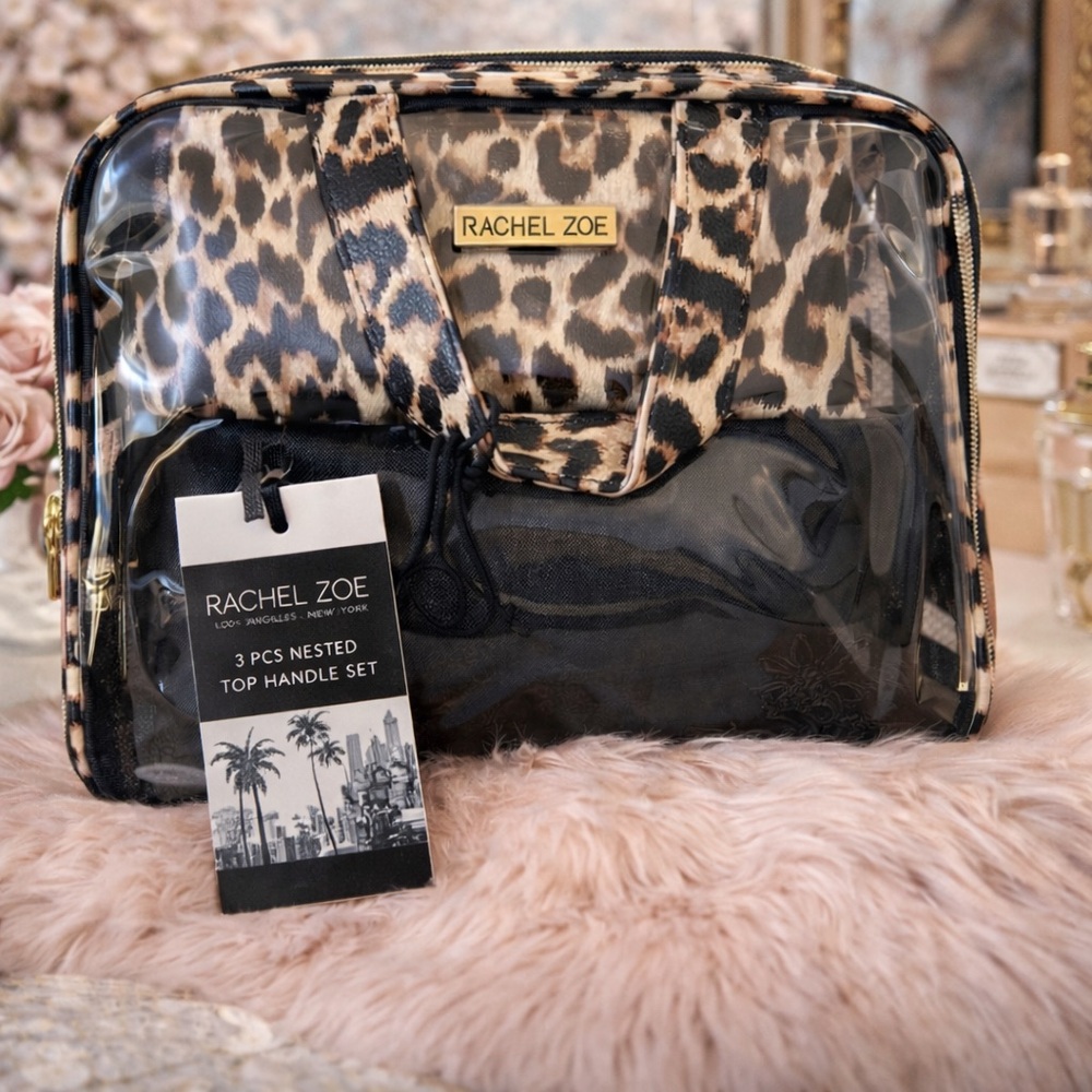 Rachel Zoe‎ 3 Piece Nested Top Leopard Animal Print Cosmetic Bags MSRP $135 NWT.